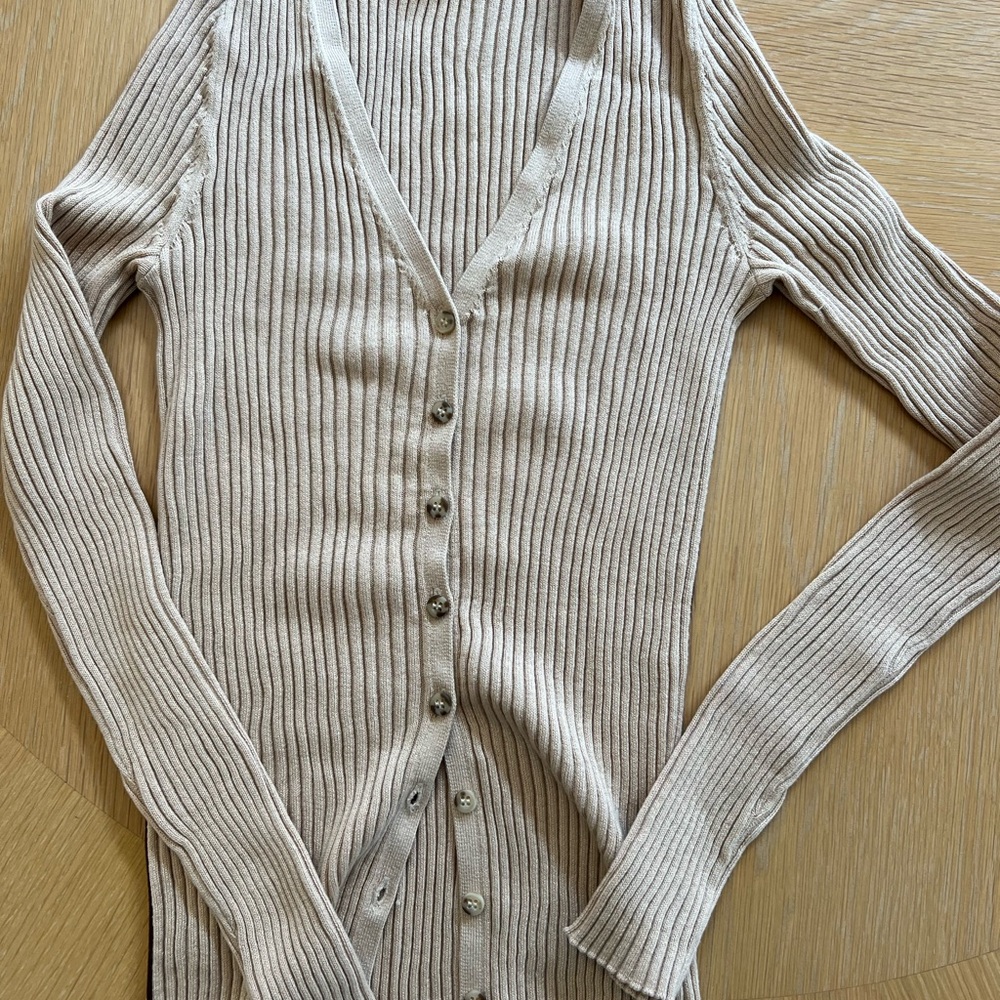 ATM Beige Ribbed Button-Up Women's Sweater